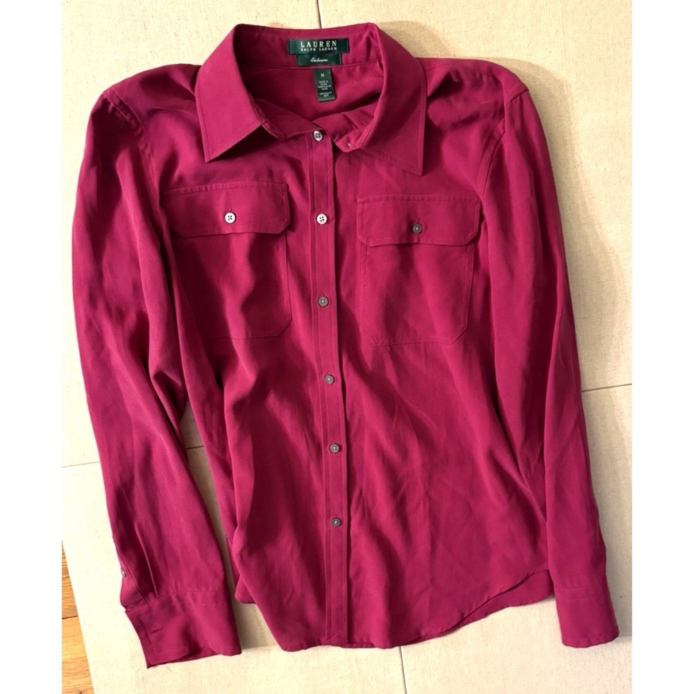 Ralph Lauren 100% Silk Ladies Casual Button-Down Shirt, size M, Burgundy
